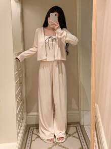 DAZY 3pcs/Set Wave Trim Decor Bowknot Camisole Top & Straight Hem Pants & Open Front Top Lounge Set, Cozy Outfits, Fall Winter Clothes - Beige - View 3