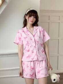 2 件套少女粉色蝴蝶结印花短袖衬衫和短裤休闲家居服睡衣套装 - 彩色 - 查看 6