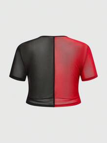 ROMWE Grunge Punk 女式加大码夏季网眼拼布圆领短袖紧身短款上衣