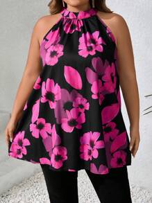 SHEIN CURVE+ Plus Size Women Floral Print Ruching Halter Blousesummer/Country/Beach Vacation Outfits/Beach Outfits/Beach Wear - Multicolor - View 5
