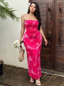 SHEIN Tall Plus Size Women Summer Mesh Floral Print Gorset Bodycon Dress With Underwear - Czerwony - Zobacz 2