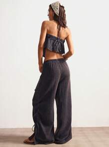 Bohemela Women Relaxed Fit Woven Solid Color Wide Leg Washed Pants Lace Up Pants Tie Pants Gauze Pants Boho Pants Wide Leg Pants - Black - View 3