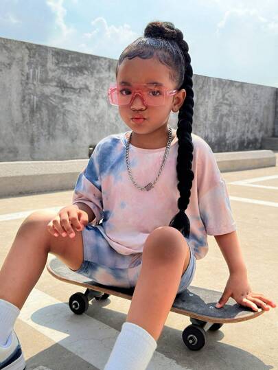 SHEIN SLAYR KIDS 2pcs/Set Young Girl Casual Tie Dye Printed Loose Fit T-Shirt And Skinny Leggings Set
