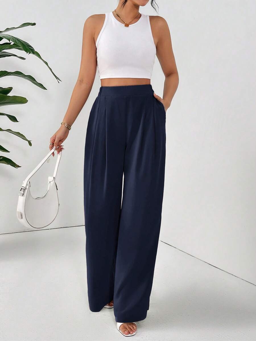 SHEIN Frenchy Women's Basic Solid Color Pleated Pocket Casual Loose Pants,Cargo Pants Winter Blue Spring - Navy Blue - View 1
