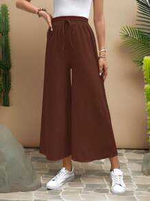 Travachic 女式纯色松紧腰抽绳宽松休闲7/9长裤，夏季 - 鏽棕色 - 查看 6