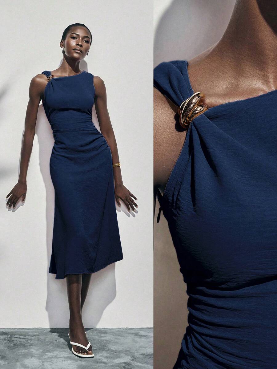 Lumivelle Summer Metal Ring Decor Waist Ruched Sleeveless Dress - Navy Blue - View 1