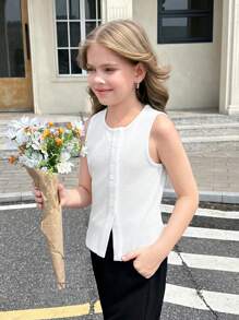 青少年女孩罗纹不对称纽扣开合针织无袖毛衣 - 白色 - 查看 10