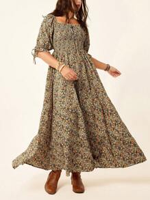 SHEIN LUNE Plus Size Women's Slouchy Casual Style Beach Vacation Outfit Fourth Of July Women Chic Retro Square Neck Romantic Cozy Fit Floral Multi-Layered Chillax Dress For The Holidays Bohemian Dress Teacher Outfits For Women Graduation Dresses For Women - Multicolor - View 6