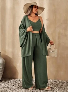 EURMUSE Plus Solid Crop Cami Top With Kimono & Pants Set - Green - View 4