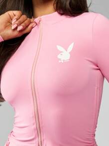 Missguided x Playboy Luxury Bunny Logo Workout Training Jacket Fitted Active Wear Athletic Full Front Zip Performance Sport Running Track Jacket Fall Winter Activewear - Pink - View 4