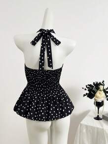 Women's Summer Polka Dot Print Ruffle Hem Halter Neck Blouse Top , Peplum Top