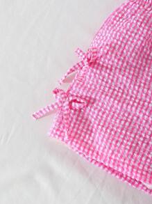 Conjunto informal de 2 piezas para niñas con camiseta de manga corta de cuello redondo a cuadros con lazo y shorts elásticos a la cintura con lazo a cuadros - Rosa - Ver 6