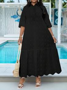 SHEIN Lady Plus Size Women Floral Embroidery Ruffle Hem Casual Vacation Dress,Summer Dresses For Women - Black - View 5