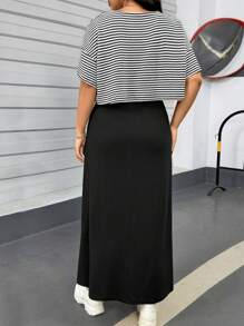 SHEIN Essnce 大码女装春夏时尚休闲宽松舒适日常修身黑白条纹短袖露脐上衣和黑色马甲长裙两件套，街头风，女士夏季穿搭，连衣裙套装，女士家居服套装 - 黑與白 - 查看 2