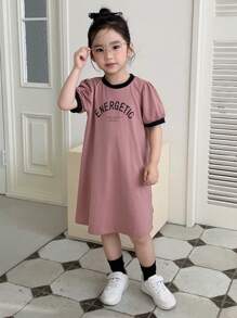 Dazy Kids 年轻女孩夏季字母印花圆领短款泡泡袖休闲连衣裙 - 淺粉色 - 查看 6