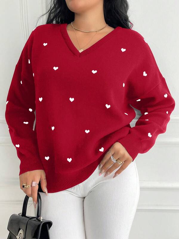 EURMUSE Plus Size Women Casual Elegant Heart Pattern V-Neck Drop Shoulder Sweater, Autumn/Winter