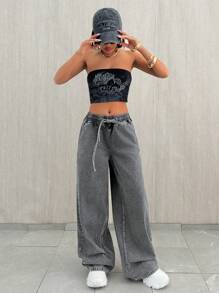 EURMUSE Quần Jeans Ống Rộng Lưng Thấp Có Túi Buộc Dây Cho Nữ Kiểu Dáng Thường Ngày Đa Năng - Màu xanh lam - Xem 4