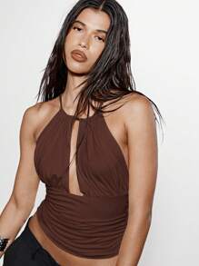 KIZN Sleeveless Ruched Halter Top Summer Resort Wear Keyhole Neckline Elegant Backless Tank Party Evening Blouse - Chocolate Brown - View 4