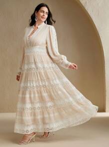 Anewsta 加大码法式优雅宫廷镂空蕾丝拼布碎花长裙，浪漫风格，适合春季、节日、度假 - 米色 - 查看 6