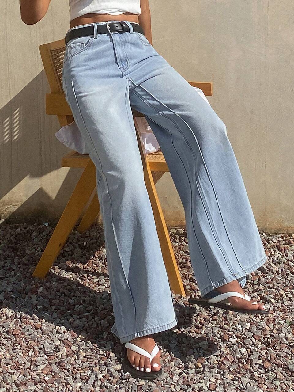 Women's Loose Straight-Leg Jeans With Line Pattern Decoration, Casual Streetwear,Back To School Clothes