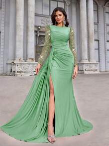 Aureia Đầm suông đuôi cá xẻ tà cao, cổ tròn, thêu hạt cườm sang trọng, thanh lịch, sang trọng, dài tay, bó sát, phù hợp cho tiệc độc thân, hẹn hò, đám cưới, sinh nhật, dạ tiệc, trang trọng, váy cưới, cho khách dự tiệc cưới - Màu xanh Bạc hà - Xem 1