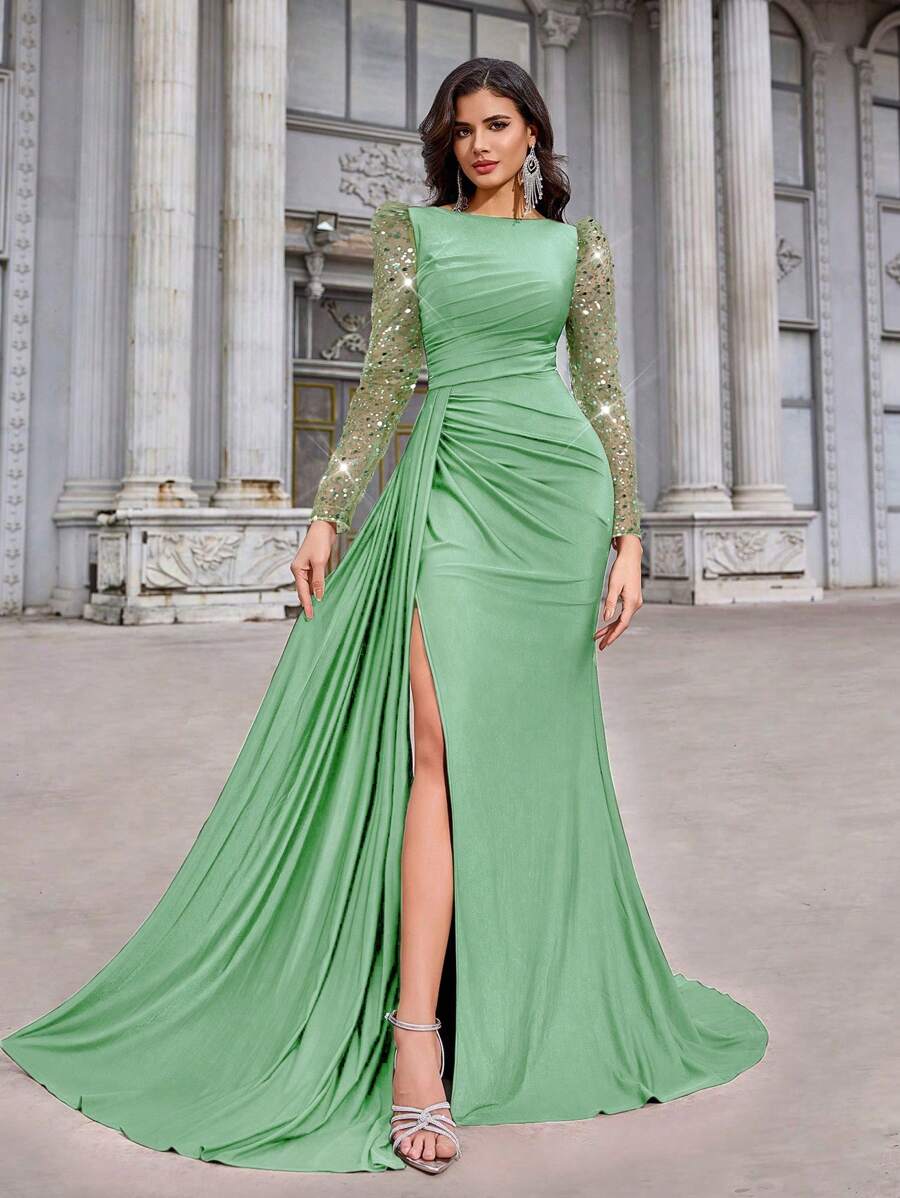 Aureia Đầm suông đuôi cá xẻ tà cao, cổ tròn, thêu hạt cườm sang trọng, thanh lịch, sang trọng, dài tay, bó sát, phù hợp cho tiệc độc thân, hẹn hò, đám cưới, sinh nhật, dạ tiệc, trang trọng, váy cưới, cho khách dự tiệc cưới - Màu xanh Bạc hà - Xem 1