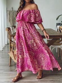 SHEIN VCAY Vestido largo de mujer talla grande con estampado retro en fucsia, hombros descubiertos, cintura con volantes y abertura lateral, vestido de playa para mujer, atuendos de vacaciones en la playa, atuendos de aeropuerto, atuendos de vacaciones de verano, estilo bohemio, ropa de mujer, atuendos para brunch, atuendos de vacaciones en la ciudad, ropa occidental para mujer, ropa de verano europea para vacaciones en la isla, atuendos de luna de miel, atuendos de Miami, atuendos de Saint-Tropez, atuendos de Tulum, atuendos de South Beach, atuendos de Santorini Grecia, atuendos de la de Amalfi, atuendos de Ibiza, chica de la isla con hombros descubiertos - Rosa Fucsia - Ver 4