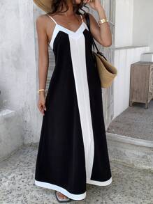 Strévra Abito lungo da donna senza maniche, patchwork, vestiti casual da donna