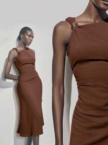 Lumivelle Summer Metal Ring Decor Waist Ruched Sleeveless Dress - Coffee Brown - View 4
