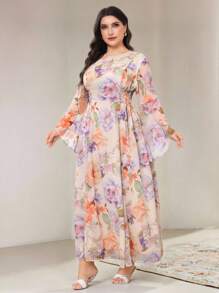 Veilorie Plus Size Elegant Floral Print Flare Sleeve Dress - Apricot - View 3