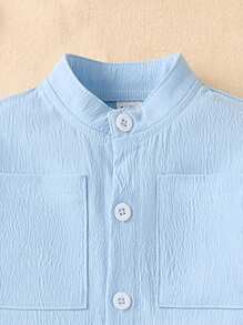 2pcs Baby Boy Spring/Summer Cute Polo Collar Button-Up Shirt Top And Long Pants Set, Casual Daily Outfit, Mommy And Me Matching (3 Sets Sold Separately) - Blue - View 3