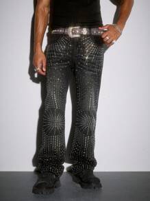 ROMWE MEN Street Life Men's Rhinestone Embellished Layered Flared Leg Jeans - Black - View 3