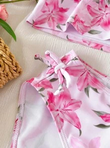 Teen Girls Floral Print Halter Neck Bikini Sets For Beach Vacation - Pink - View 4