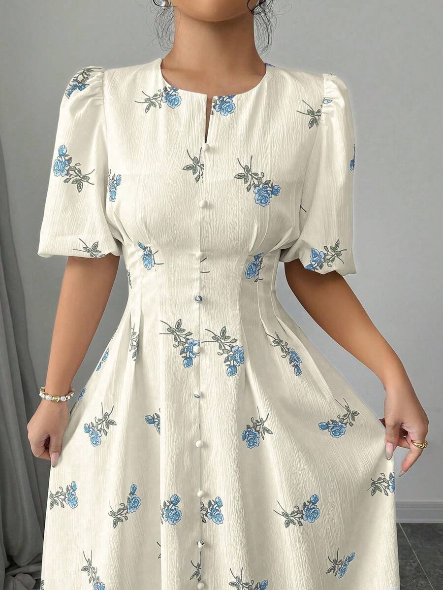 Modelyn 春夏款A字收腰印花短袖连衣裙 - 藍色 - 查看 1