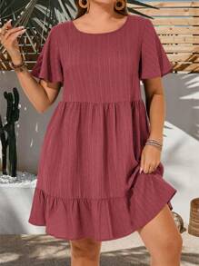 EMERY ROSE Plus Size Vacation Casual Solid Color Short Sleeve Dress, Summer Outfits For Women, Easter Bohemia, Rave Outfit Curve, Country Concert Dresses Tiered - Redwood - View 5