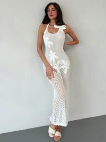 Aloruh 性感碎花吊带女式毛衣裙 - 白色 - 查看 3