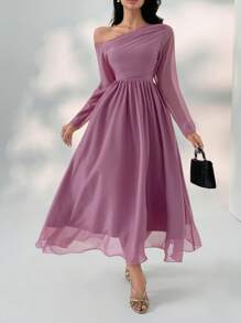 DAZY Elegant Summer Solid Color Asymmetrical Shoulder Mid-Length Dress For Women