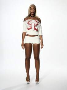 SUMWON WOMEN Off Shoulder Angel Graphic Crop Top With Shirred Waist Band Gothic Renaissance Style Festival Dance Party Clubwear - White - View 3