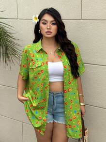 Flirla Plus Size Women's Tropical Print Green Flap Detail Short Sleeve Button Up Shirt - Green - View 1
