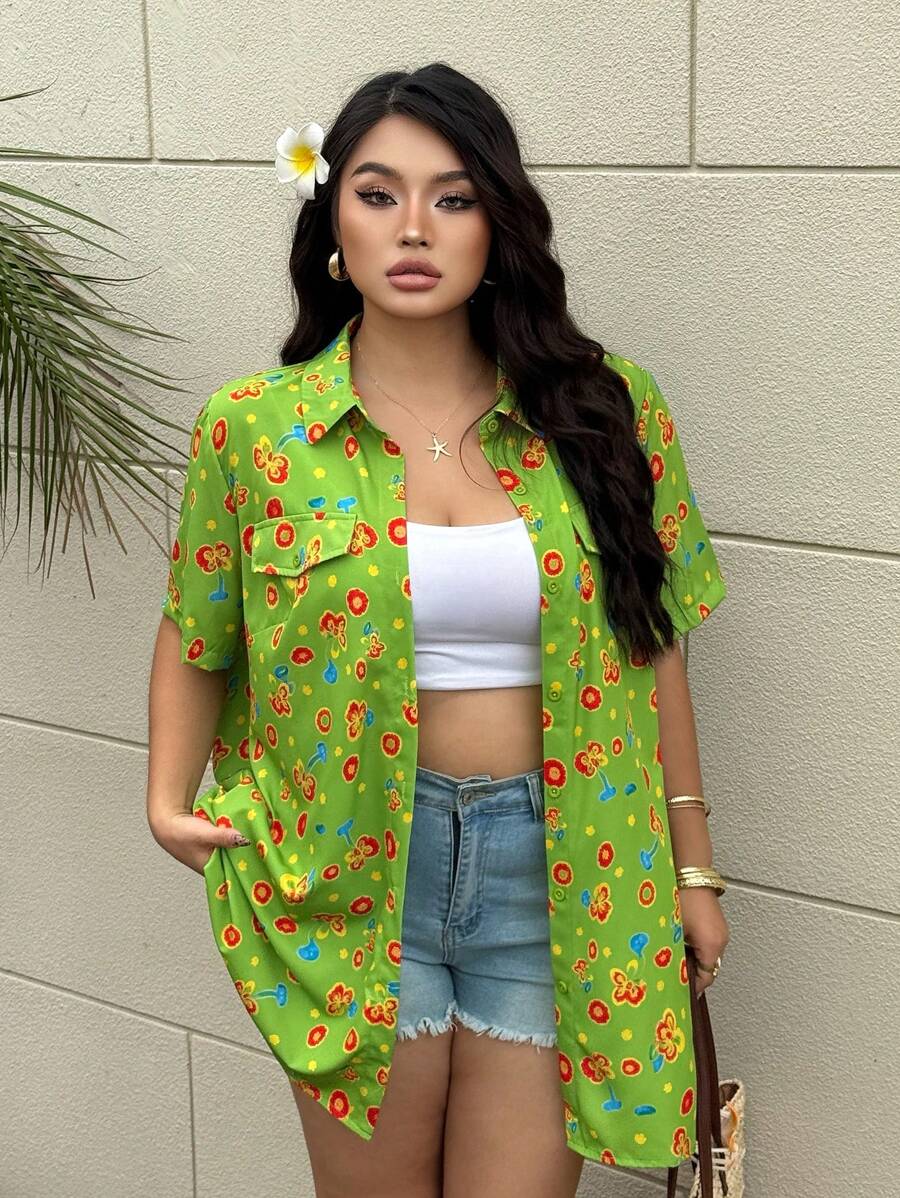 Flirla Plus Size Women's Tropical Print Green Flap Detail Short Sleeve Button Up Shirt - Green - View 1