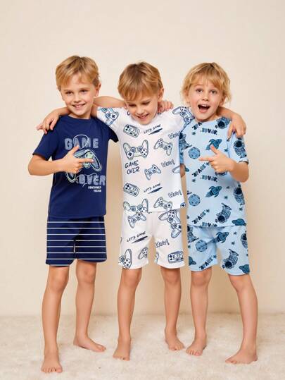 6pcs/Set Boy Pajamas: Cartoon Cosmic & Ocean Animal Print Snug Fit T-Shirt And Shorts Outfit For Toddler Boys