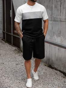 Manfinity Homme 2 sztuki/zestaw Plus Size Męski Kontrastowy Kolor Okrągły Dekolt Krótki Rękaw T-shirt I Szorty Swobodny Garnitur, Lato - Czarne i Białe - Zobacz 6