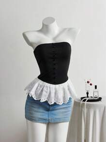 Elamini Women's Spring & Summer Cutout Embroidered Ruffled Hem Peplum Camisole Top - Black - View 3