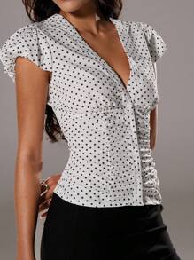 TRNVIE Women's Summer Polka Dot Print Puff Sleeve Fitted Blouse Top - Black and White - View 4