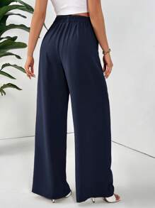 SHEIN Frenchy Women's Basic Solid Color Pleated Pocket Casual Loose Pants,Cargo Pants Winter Blue Spring - Navy Blue - View 2