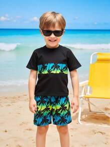 男童棕榈树印花短袖泳衣上衣和短裤