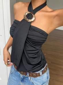 SHEIN EZwear Black Casual Women's Metal Decor Halter Neck Tank Top, For Going Out - Black - View 3