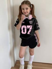 Conjunto informal de 2 piezas para niña, camiseta con estampado gráfico del número 07 y eslogan en contraste de color, y shorts