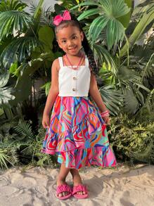 SHEIN Set de 2 piezas para niñas jóvenes compuesto por top de tirantes blanco con botones falsos y falda asimétrica con estampado floral, conjunto casual y de moda para niña preadolescente en verano para exteriores