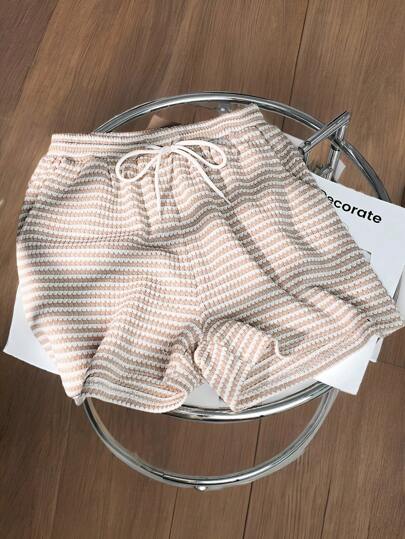 Everyssa Women's Summer Elastic Drawstring Waist Pockets Shorts, Knitted Pineapple Plaid Striped Fabric, Casual & Suitable For Home, Sportwear